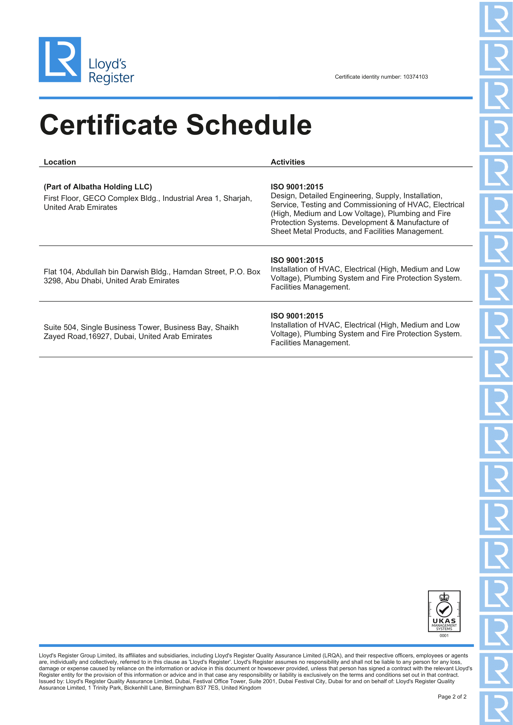 certificate schedule